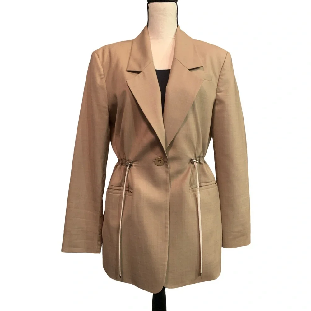 Tibi Tropical Wool Womens Tan  Drawstring Medium  Blazer Preppy Quiet Luxury - Picture 2 of 8
